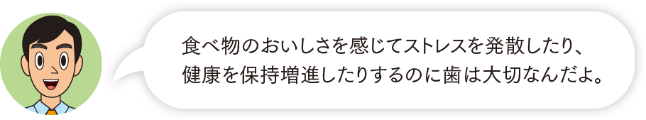 食べ物のおいしさを感じてストレスを発散したり、健康を保持増進したりするのに歯は大切なんだよ。