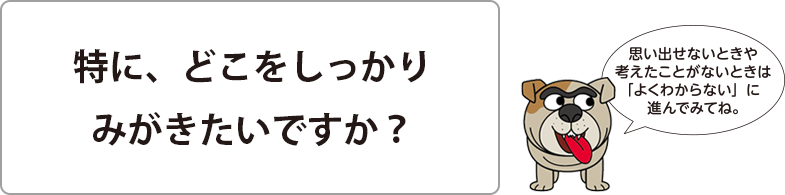 特に、どこをしっかりみがきたいですか？思い出せないときや考えたことがないときは「よくわからない」に進んでみてね。