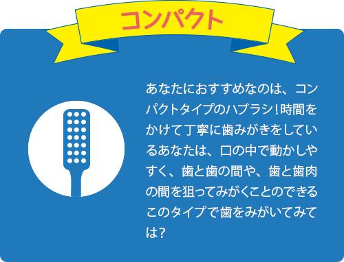 あなたにおすすめなのは、コンパクトタイプのハブラシ！時間をかけて丁寧に歯みがきをしているあなたは、口の中で動かしやすく、歯と歯の間や、歯と歯肉の間を狙ってみがくことのできるこのタイプで歯をみがいてみては？